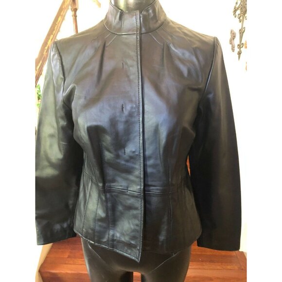 I.E. Women's Black Leather Jacket Snap Buttons Slim Cropped Size PM - Picture 4 of 8